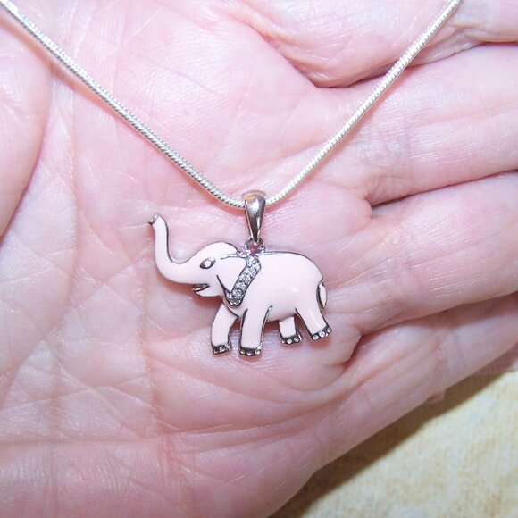 JWBR Made in India Sterling Silver Lab Diamond Enamel Pendant - Pink Elephant - Picture 1 of 10